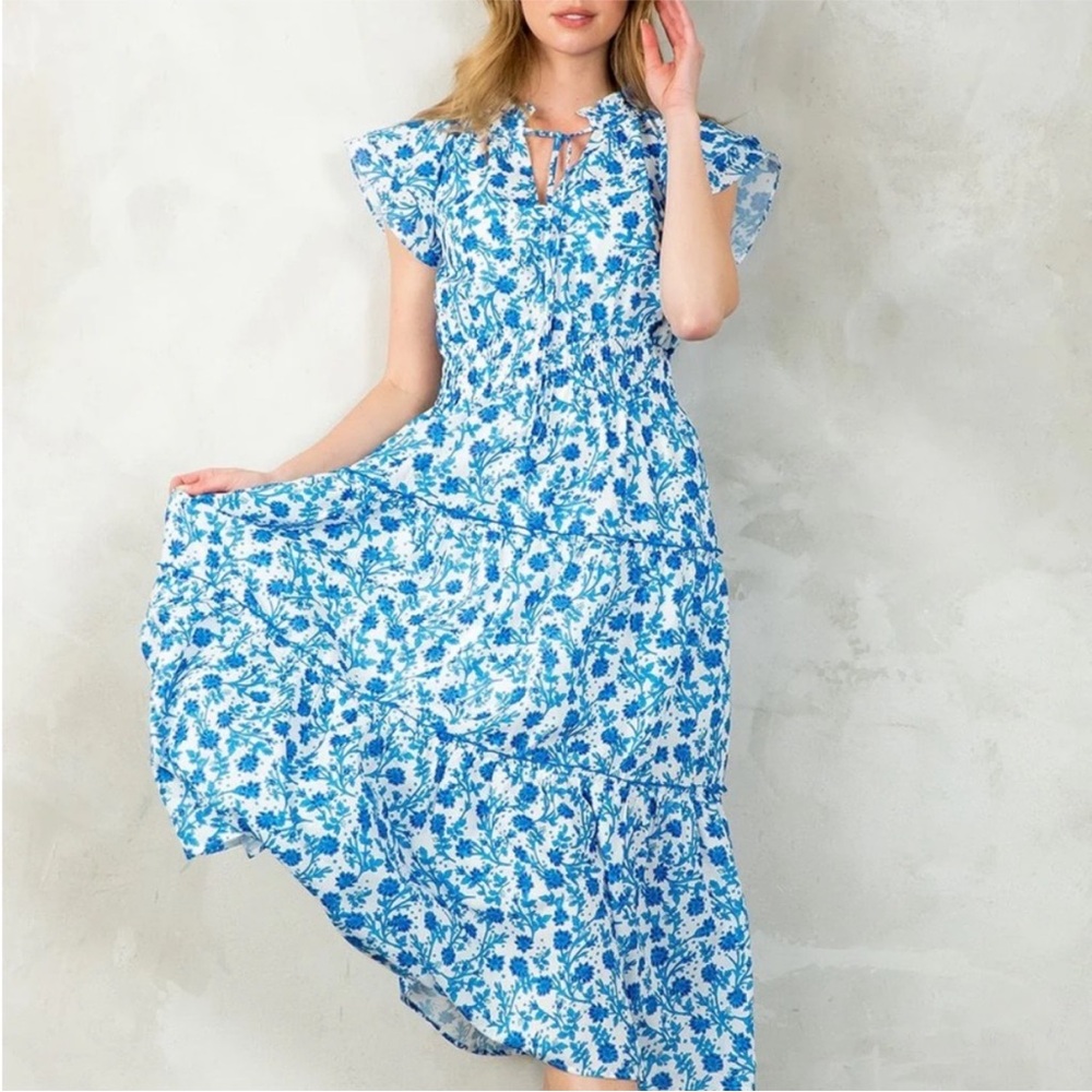 THML Blue and White Smocked Maxi Sundress